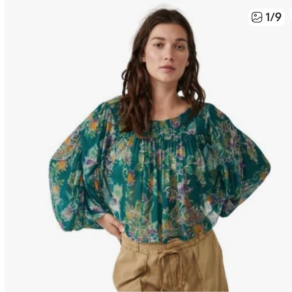Free People Up For Anything Green Floral Blouse
